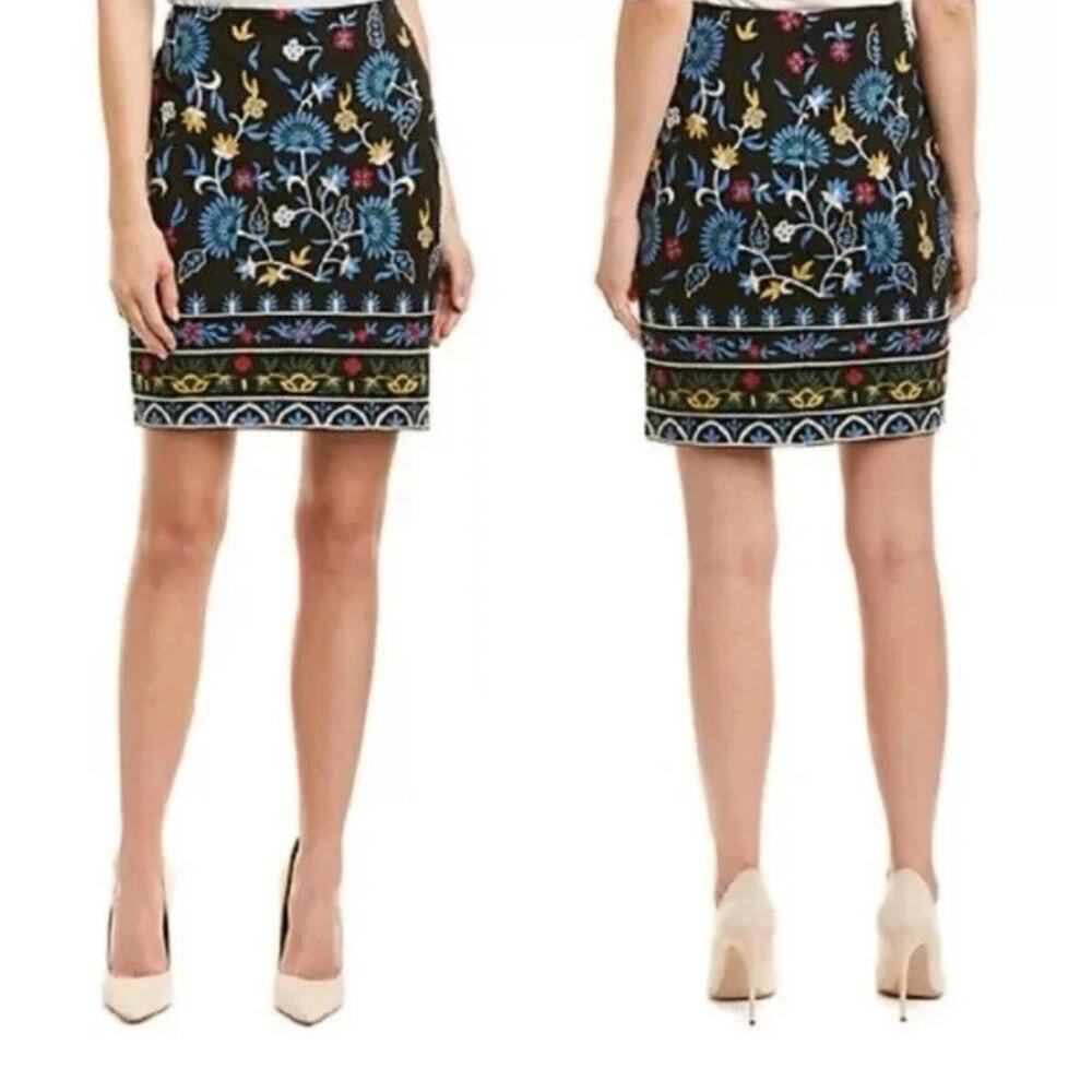 J. McLaughlin Pencil Skirt Womens Size 4 Black Embroidered Bainbridge Lined Boho - Picture 2 of 7